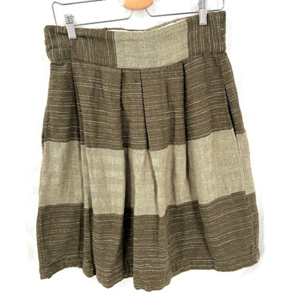 Ace & Jig woven midi‎ skirt knee length pleated green tan stripes lined boho L